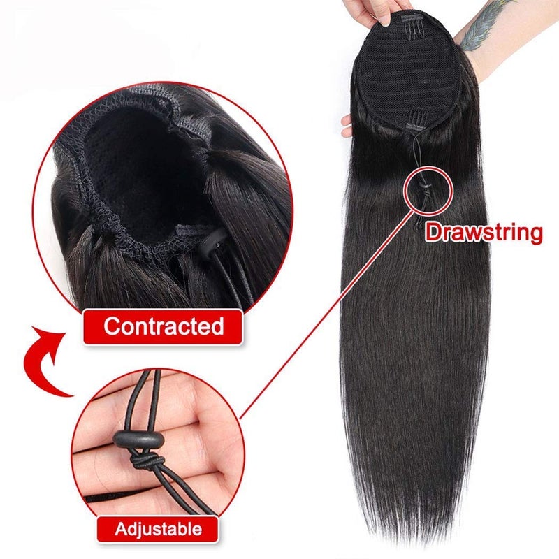 Annora Ponytail Human Hair Extension Straight Hair Drawstring Ponytail Extensions Natural Black Color for Women Clip in Ponytail Hair Extensions (12 Inches) - Image 4